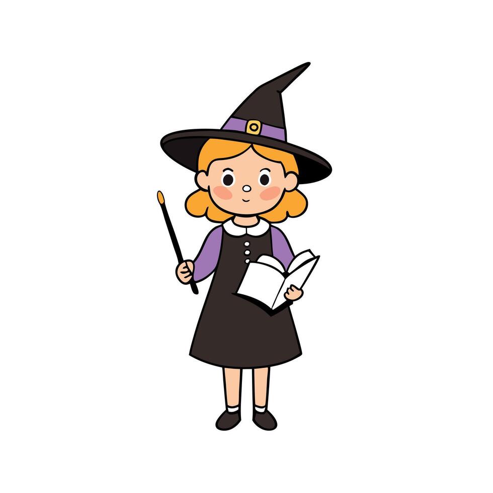 Little girl witch in witches hat with wand makes a spell using magic book. Halloween concept vector