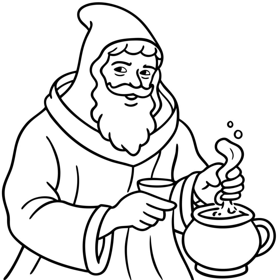 Elderly alchemist monk brews magic potion vector