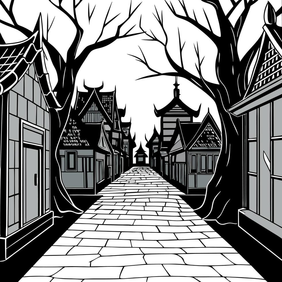 Mysterious Scary Empty Street of Autumn Asian Old Town 3D Art Fantasy Illustration. Spooky Environment Horror Movie Place Background. Creepy Alley of Oldtown AI Neural Network Art Wallpaper vector