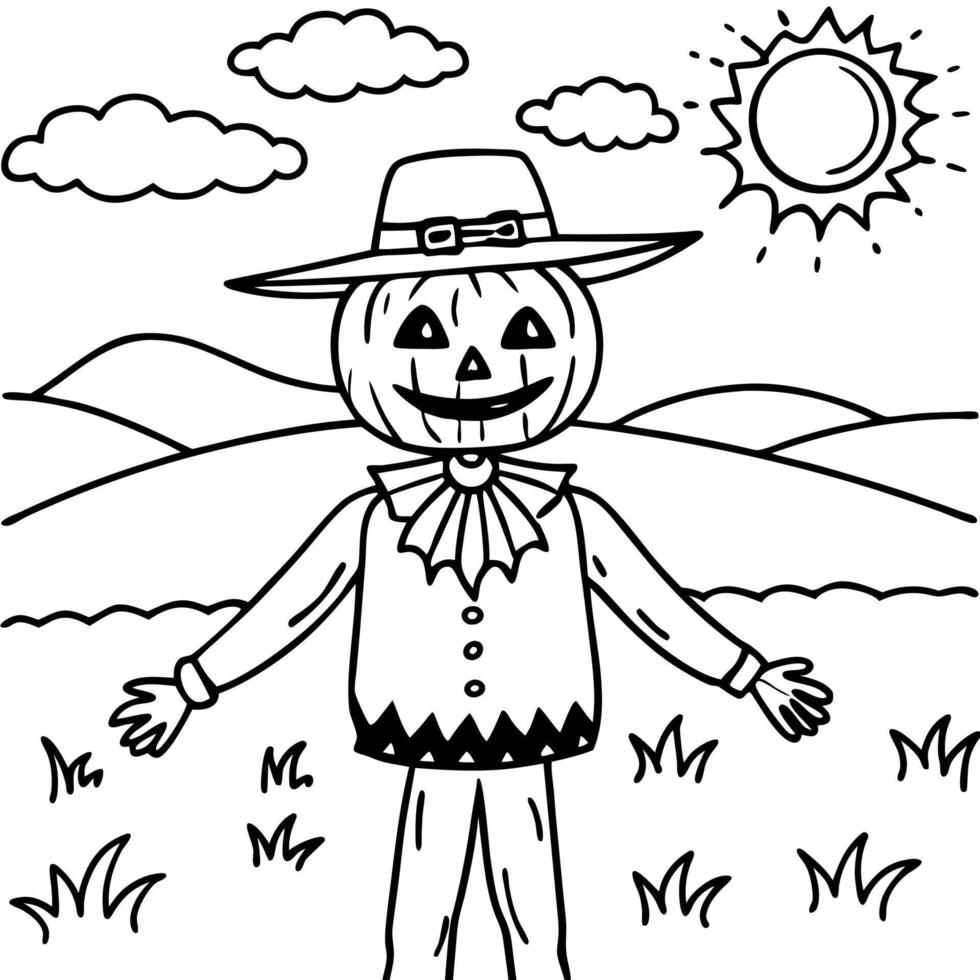 Halloween pumpkin scarecrow on a wide field with the sun vector