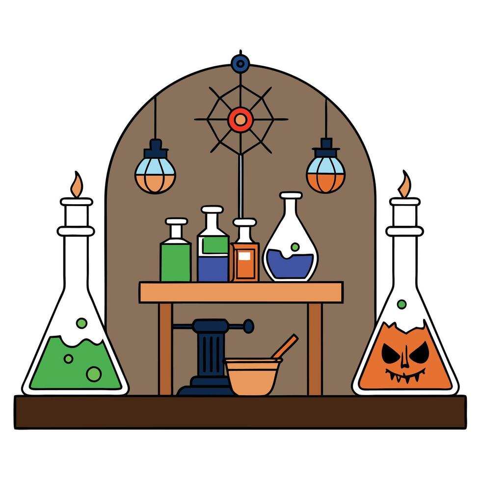 Medieval alchemy laboratory with various flasks and old books during halloween. AI vector