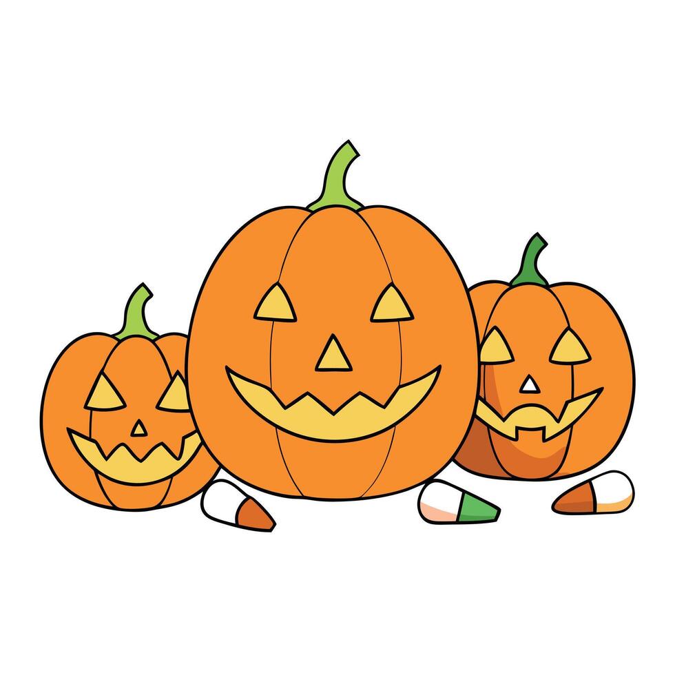 Halloween pumpkins and candy corns flat lay background vector