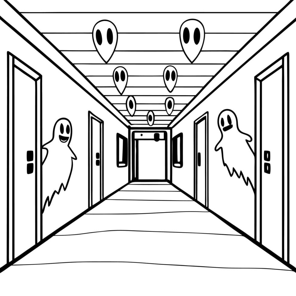 Dilapidated hospital hallway with ghostly apparitions. Halloween concept for haunted attraction organizer. horror movie poster designer. event planner. vector
