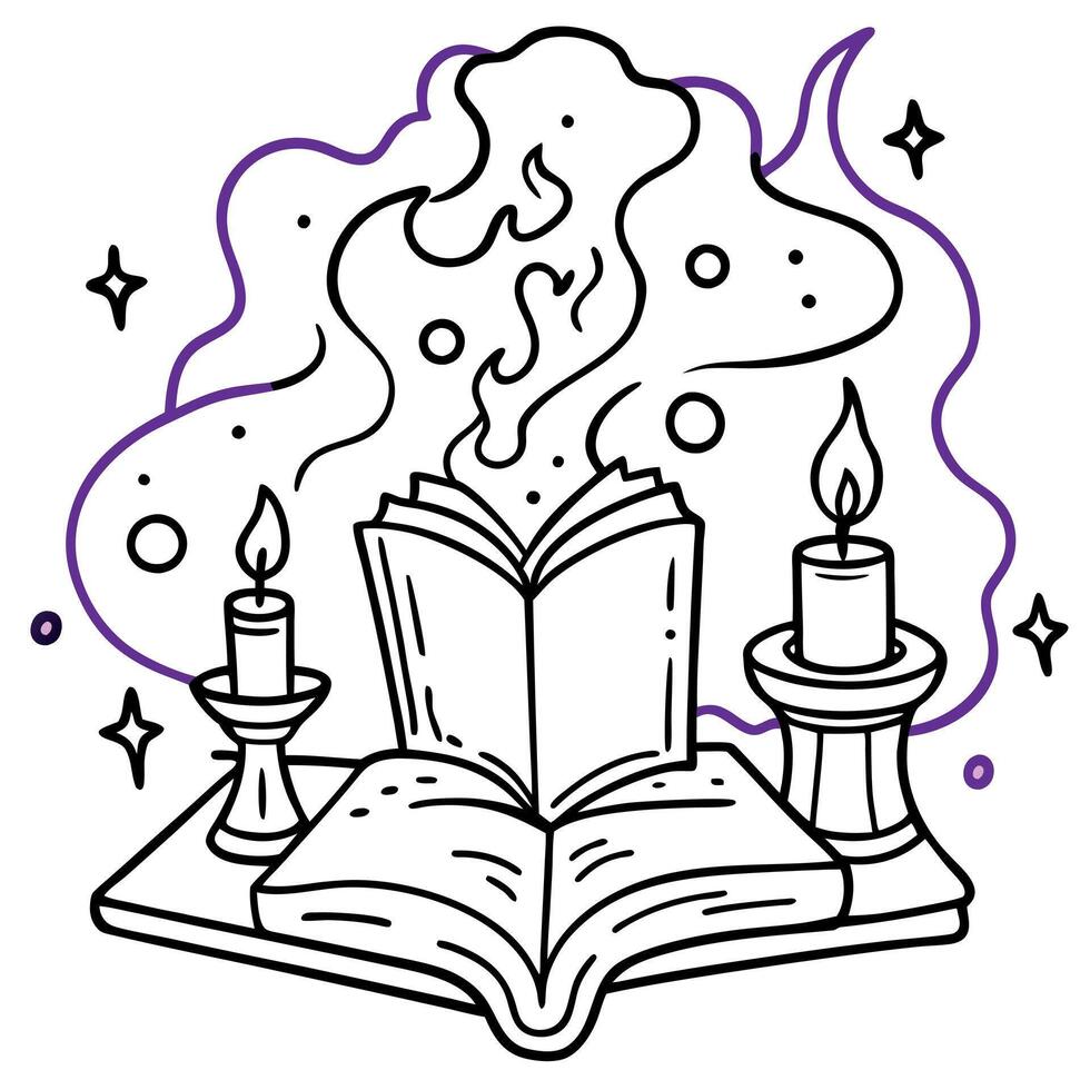 Magic opened old book on the desk with candles and purple smoke. vector