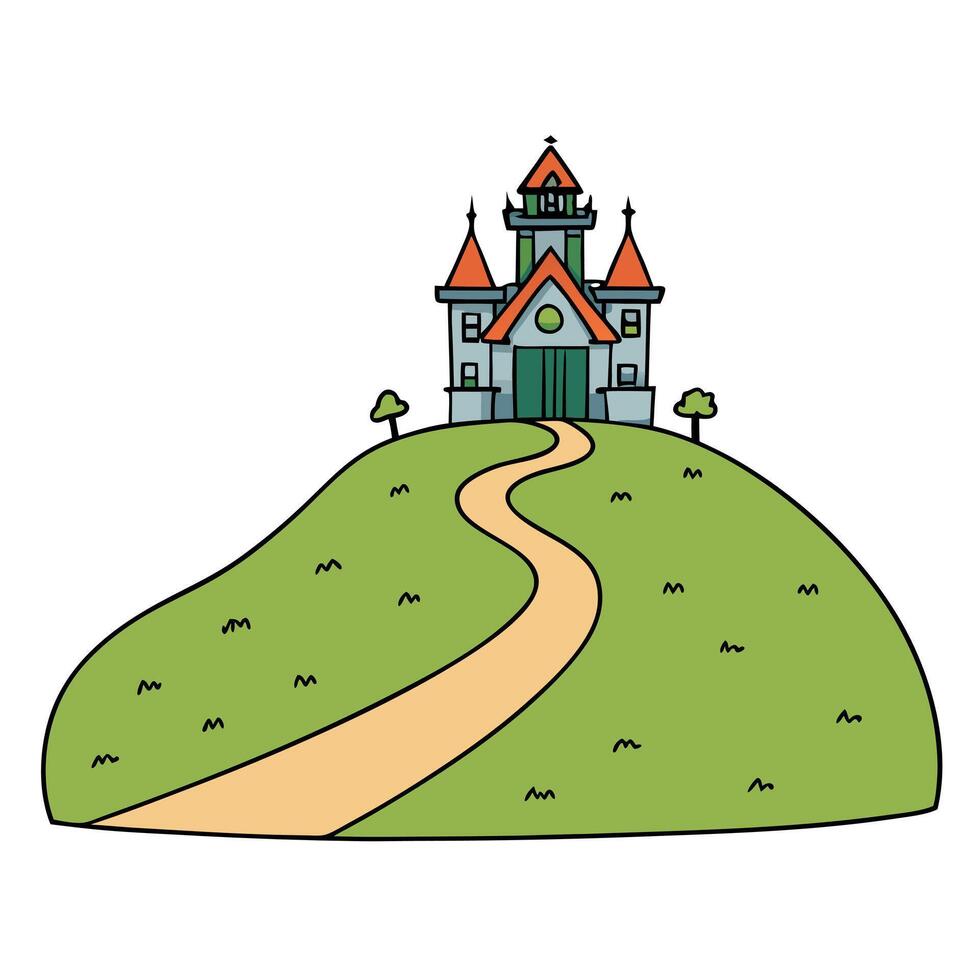 Dirt road up a hill leading to a three story victorian mansion. vector