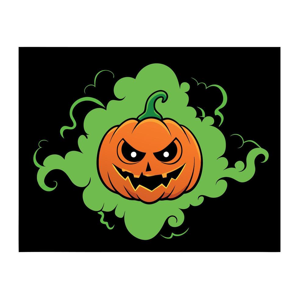 Halloween pumpkin surrounded by green smoke on a black background. Happy Halloween flyer. Place for text vector