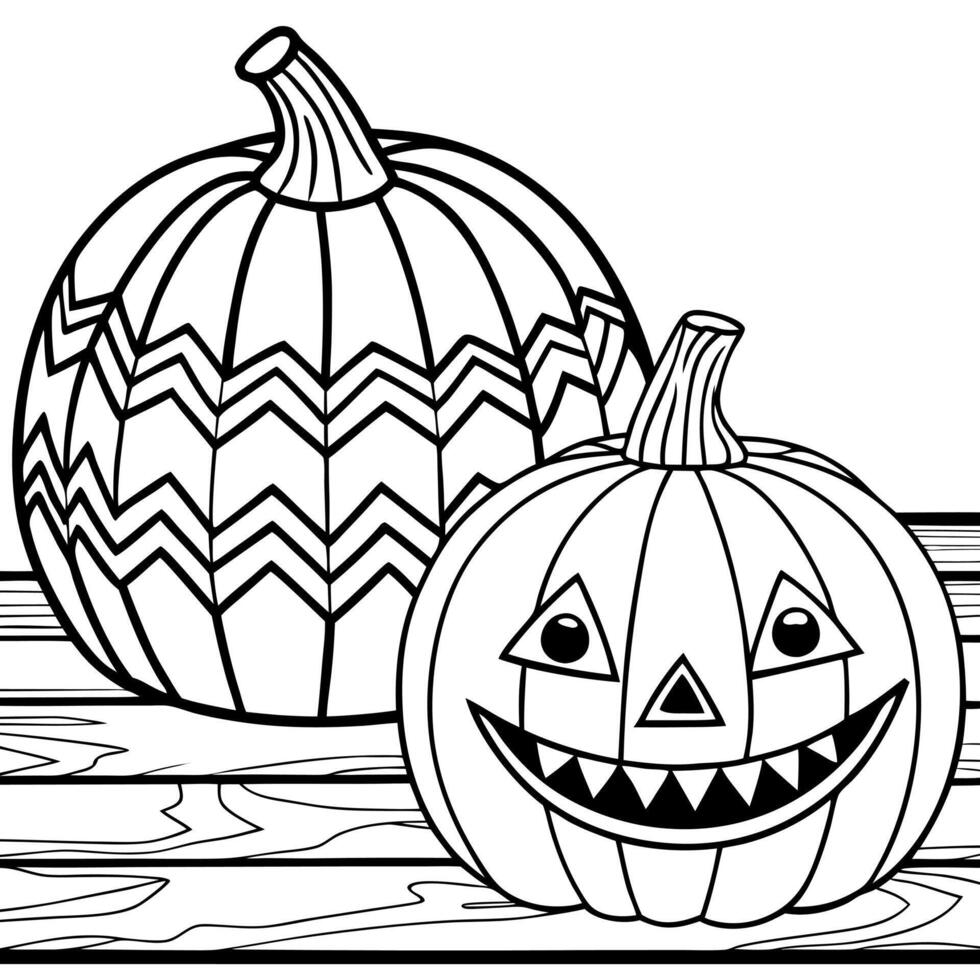 Painted and decorated colorful Halloween pumpkins on a wooden table outside vector