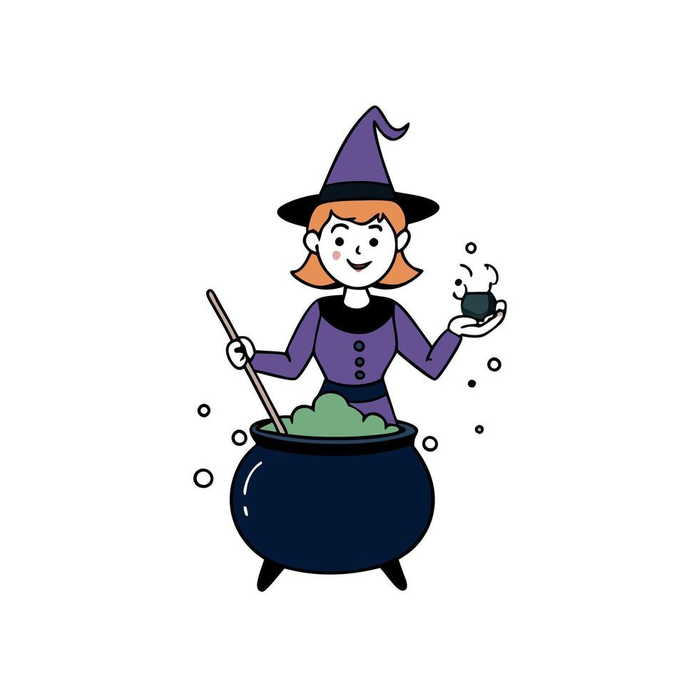 A witch stirring a cauldron with smoke and bubbles. Halloween celebration background vector