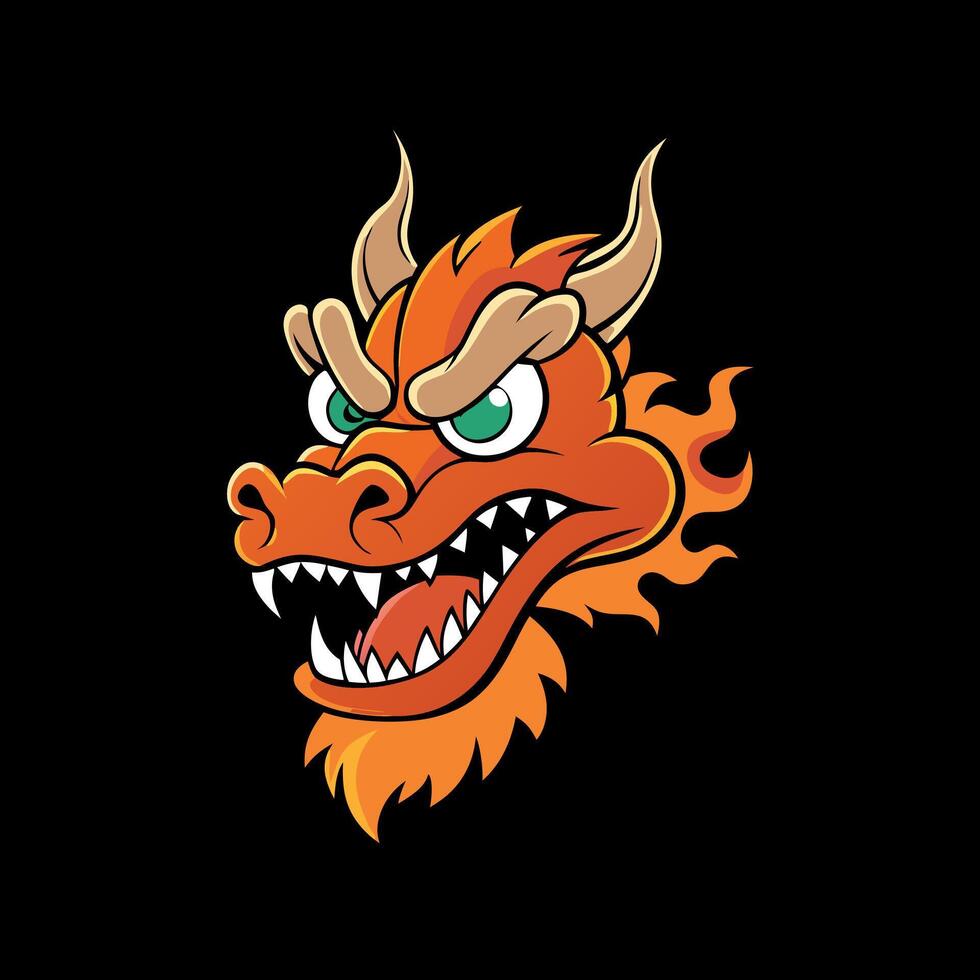 Angry realistic Chinese dragon head with orange glow and smoke isolated on black background illustration. vector