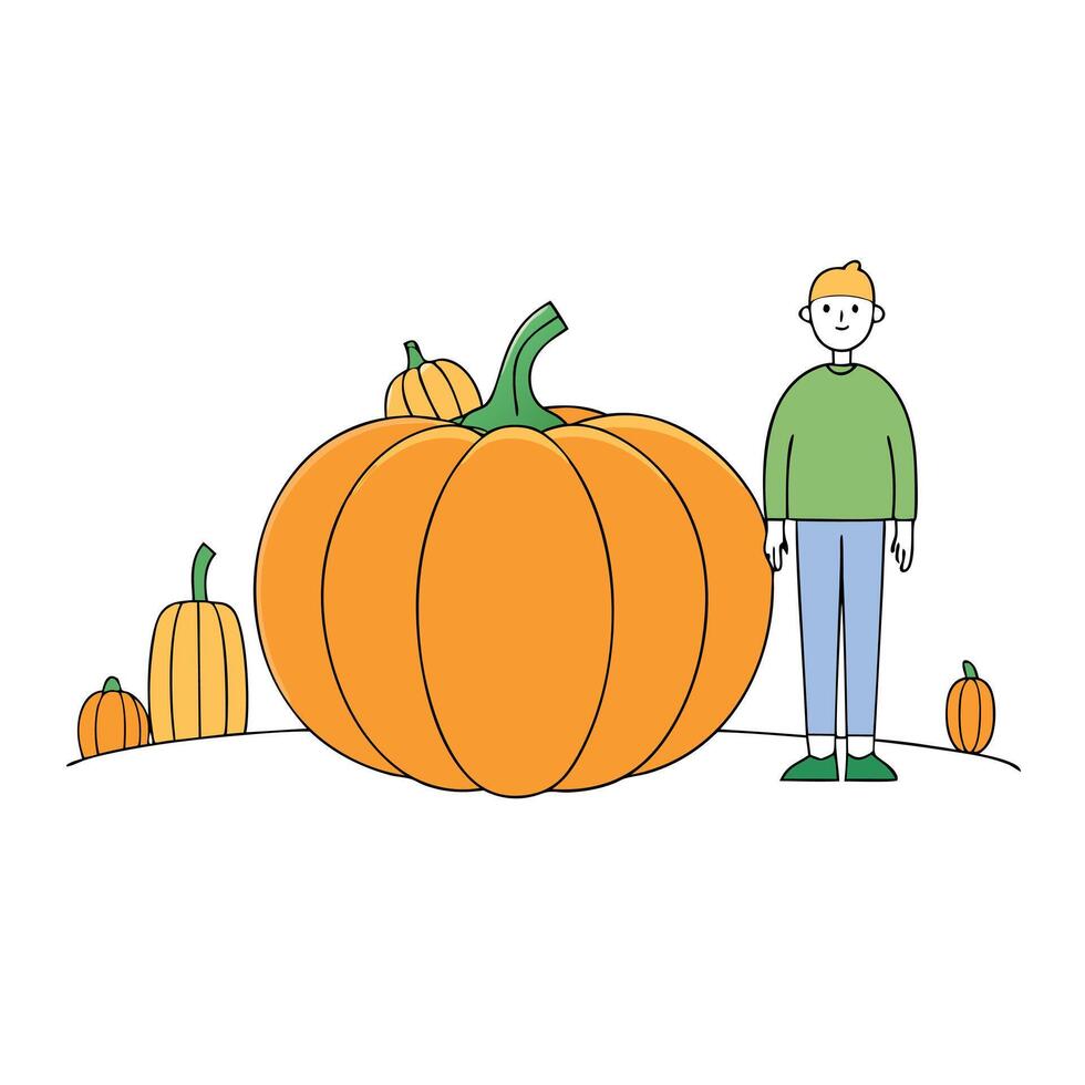 Person standing in front of giant pumpkin on pumpkins field patch. Man and large pumpkin. vector