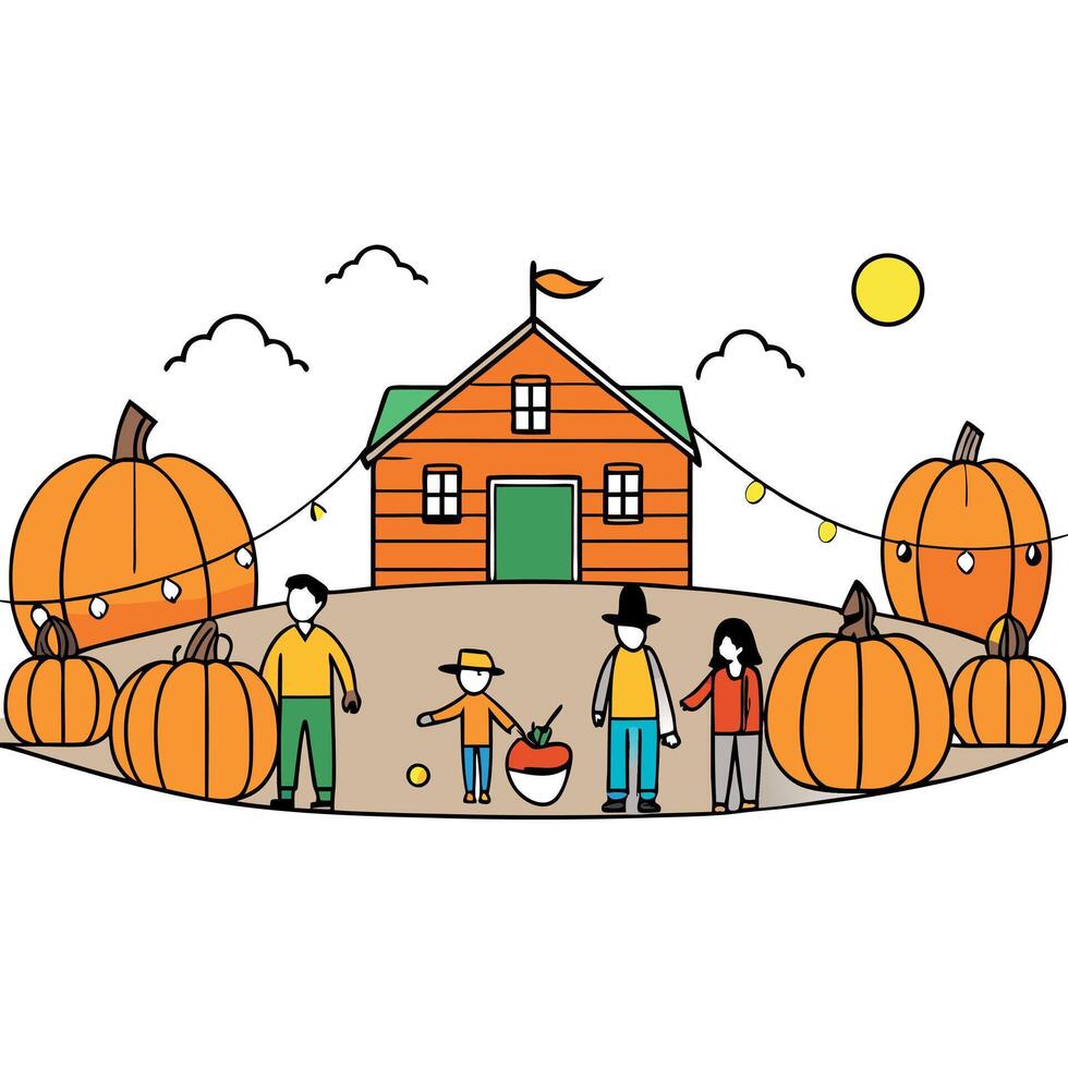 Pumpkins on a pumpkin patch farm autumn fall festival with lights and people vector