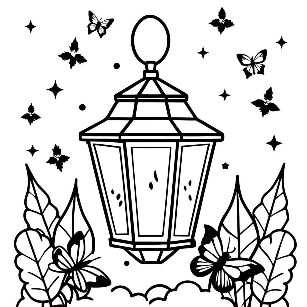 A lantern with butterflies flying around it in the night sky above a forest of trees and a cluster of butterflies flying around it in the night sky above a lantern. with a lantern. vector
