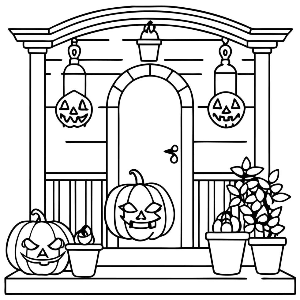 Halloween decorated front porch with handmade eco friendly plant pot making from natural pumpkins vector