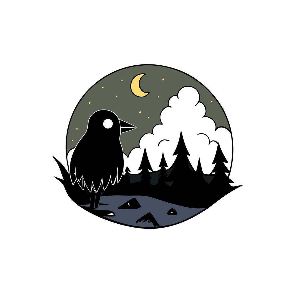 Eerie Evening. A Black Crow Emerging from Smoke in a Dark Forest at Full Moon. vector
