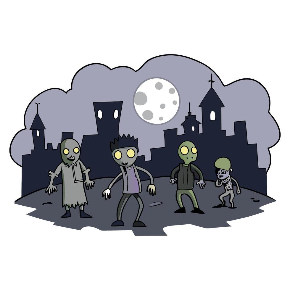 Misty night evening with the zombies walking in the abandoned city background. Dead men running dramatic Halloween scene vector