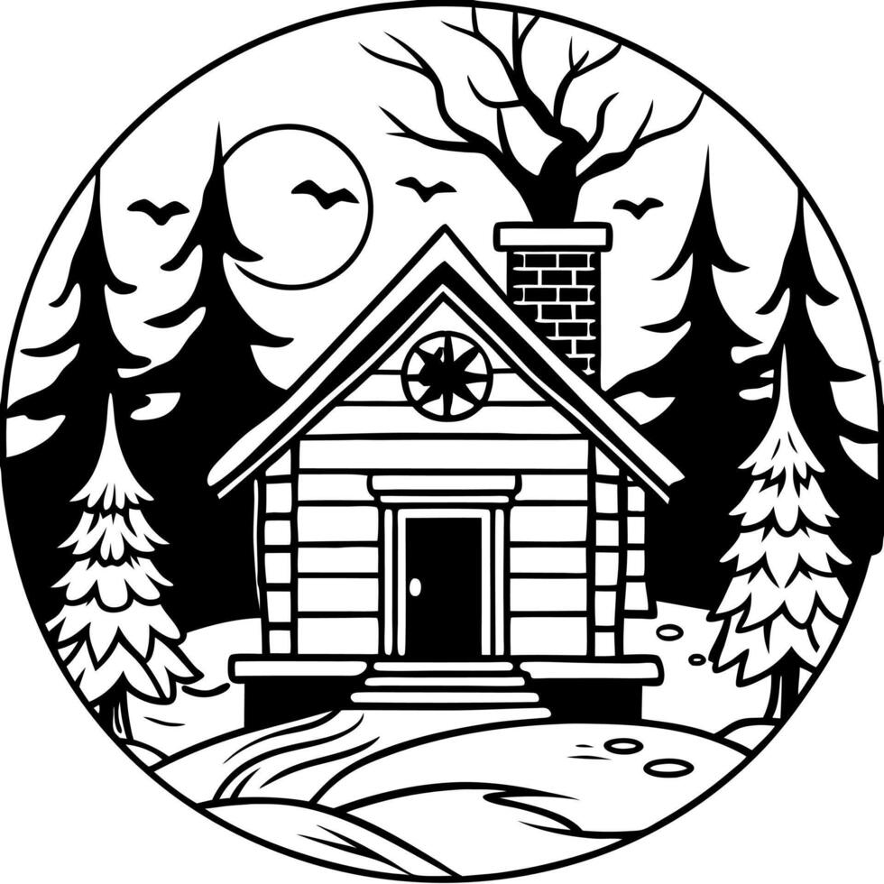 Haunted Log Cabin in a Dark Creepy Forest Concept Art vector