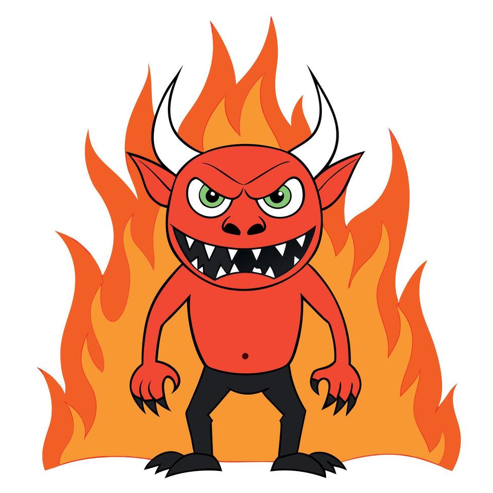 Illustration of a hellish demon creature with blazing eyes standing close up against a background of flames. vector