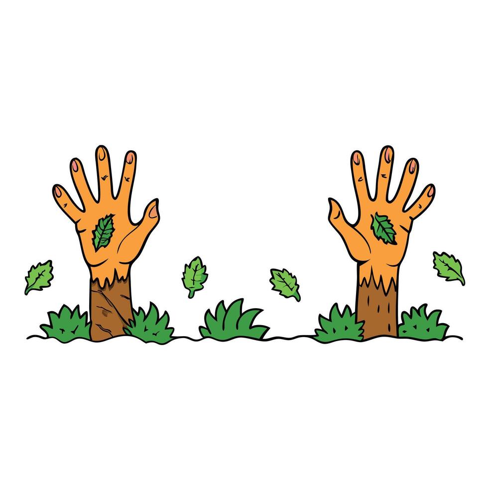 Horror and Halloween theme Terrible zombie hands dirty with black nails reach to the green leaves the walking dead apocalypse first person view. Copy space image. Place for adding text vector