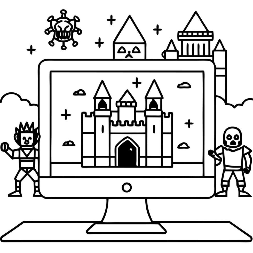 Pc game simulation online horror castle attack dark forces warriors battle screen. vector