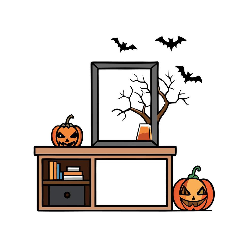 Mock up a desk or shelf with a dark frame decorated with a scary tree and pumpkins. Halloween-related idea a portrait frame with bats against a white wall. vector