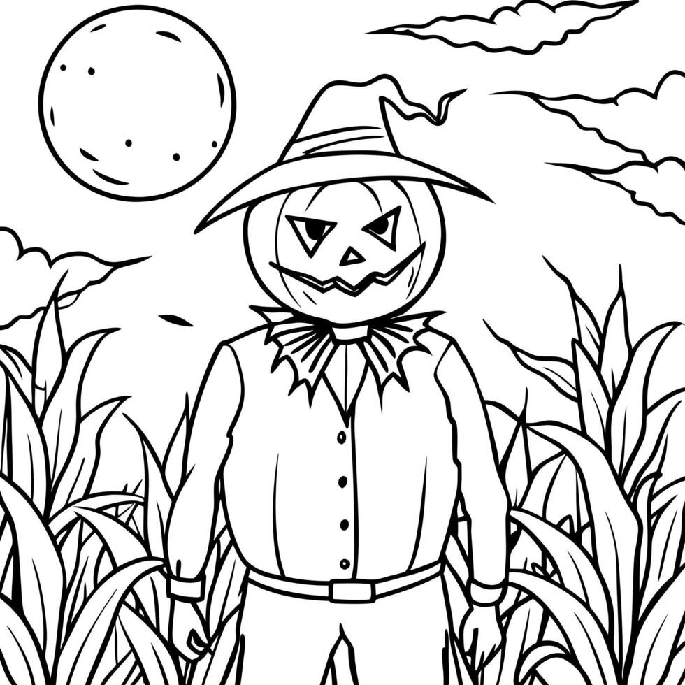 Pumpkin-headed scarecrow in the spooky cornfield under the full moon. Sinister expression. tattered clothes. by AI vector