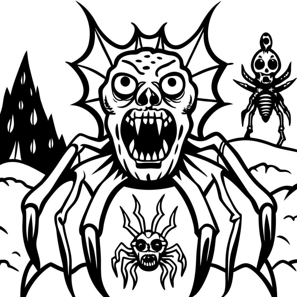 Realm Of Nightmares And Fear. Darkness Landscape With Insectoid Shapes And Scaries Creature. Macabre Domain And Kingdom. Inspiration Concept For Horrific Creations vector