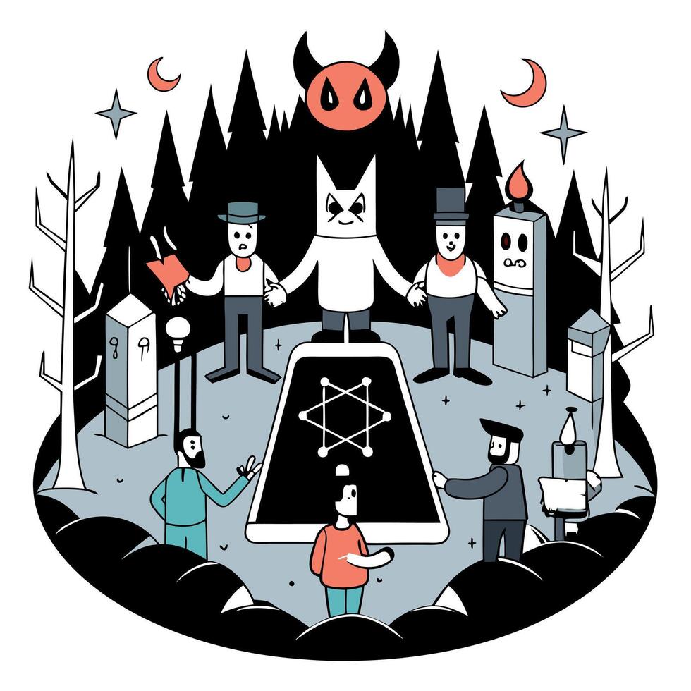 Satanic creepy group cult at haunted forest background. technology. vector
