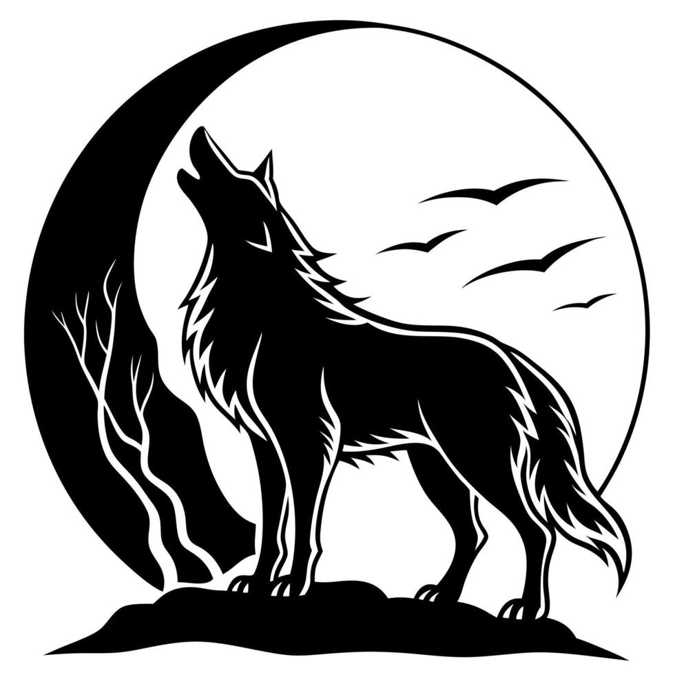 Silhouette of howling wolf against dark toned foggy background and full moon or Wolf in silhouette howling to the full moon. Halloween horror concept. vector