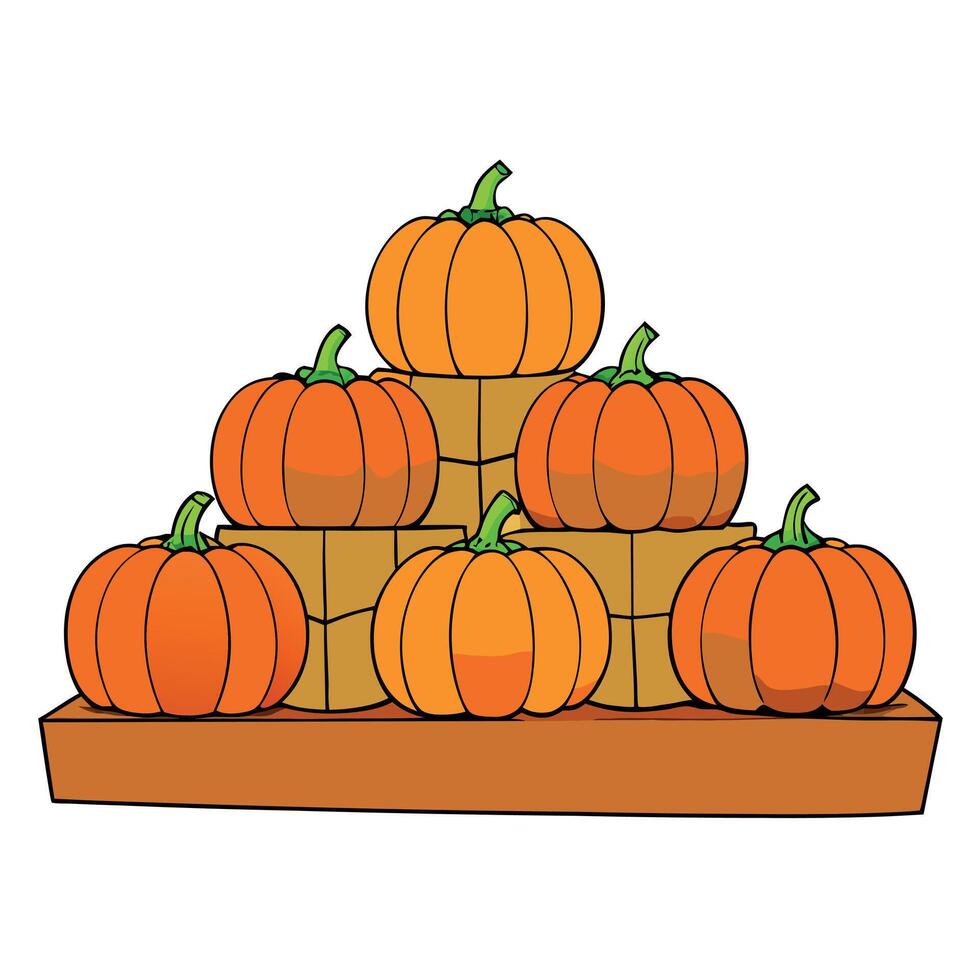 An outdoor display of a crop of large pumpkins on top of hay bales ready for the fall season and its holidays. vector