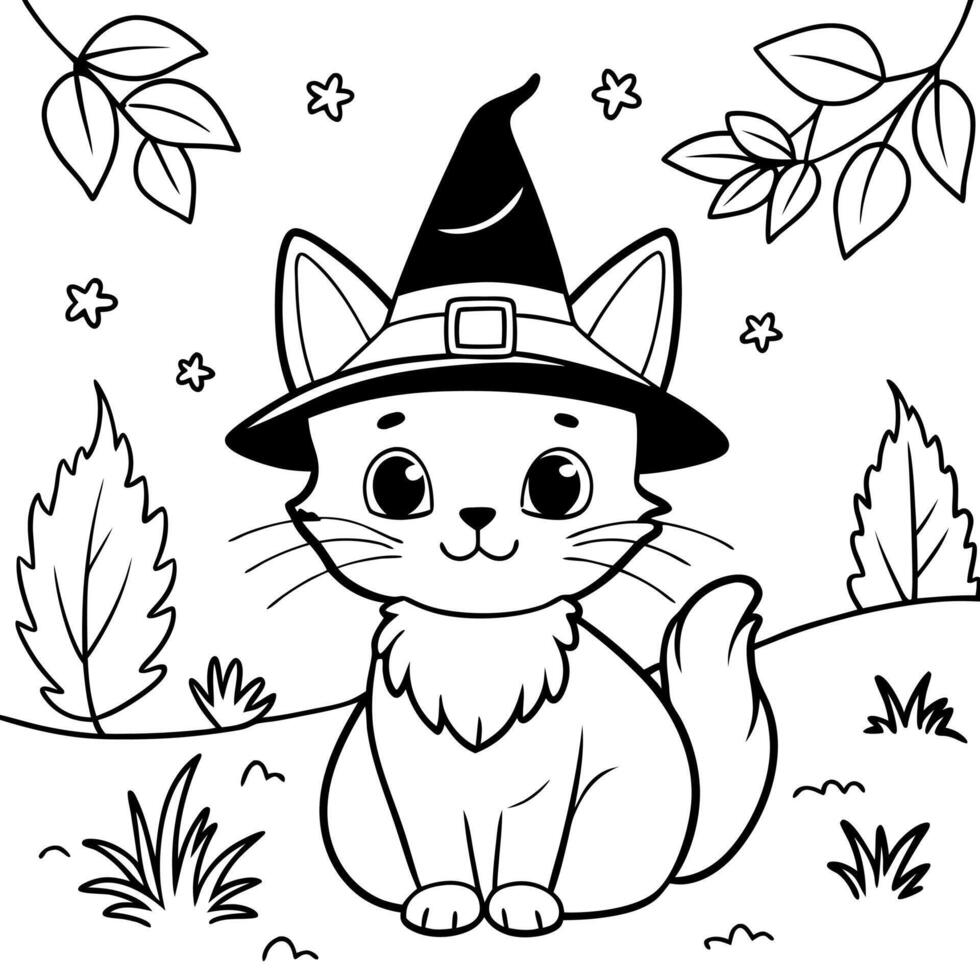 Kitten in a witch's hat in the autumn forest. Place for text. vector