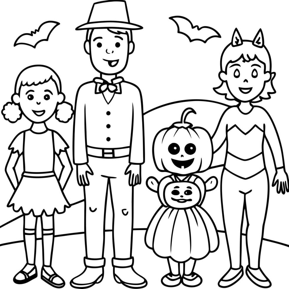 Photo of couple with two children dressed up for halloween day in the street vector