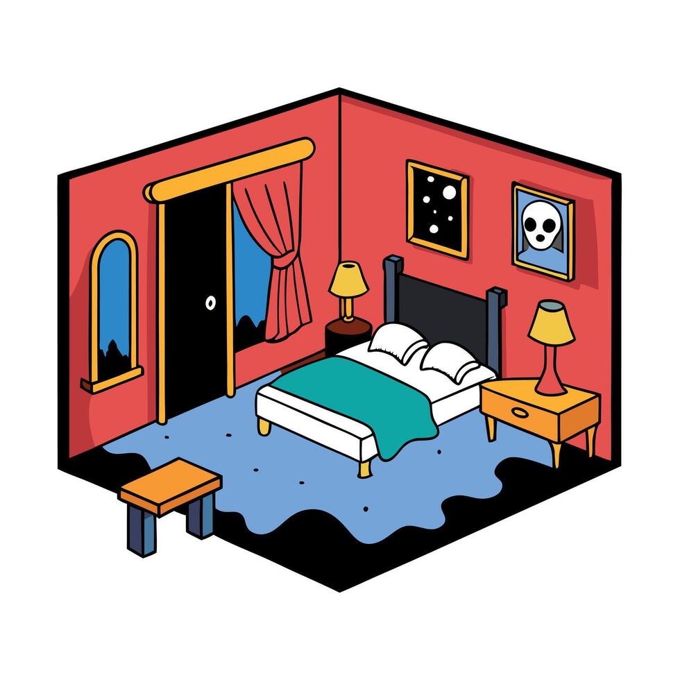 Painting bed room with extreme nightmare night vector