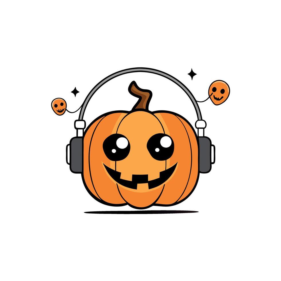 Halloween party. Jack O' Lantern pumpkin wearing heaphones on background of a scary halloween night. Copy space vector