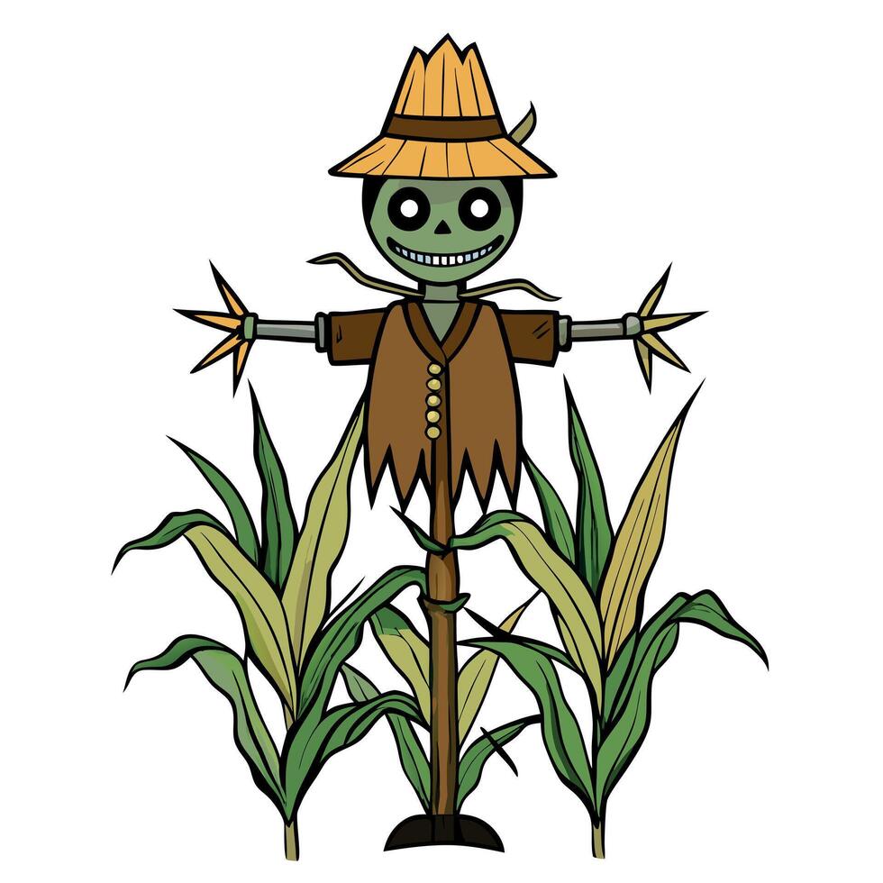Detailed illustration of a scary creepy scarecrow in a corn field isolated on a white background. vector