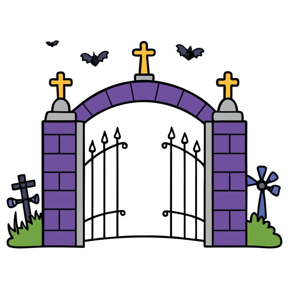 Gate with Halloween theme background. scary cemetery gate. vector