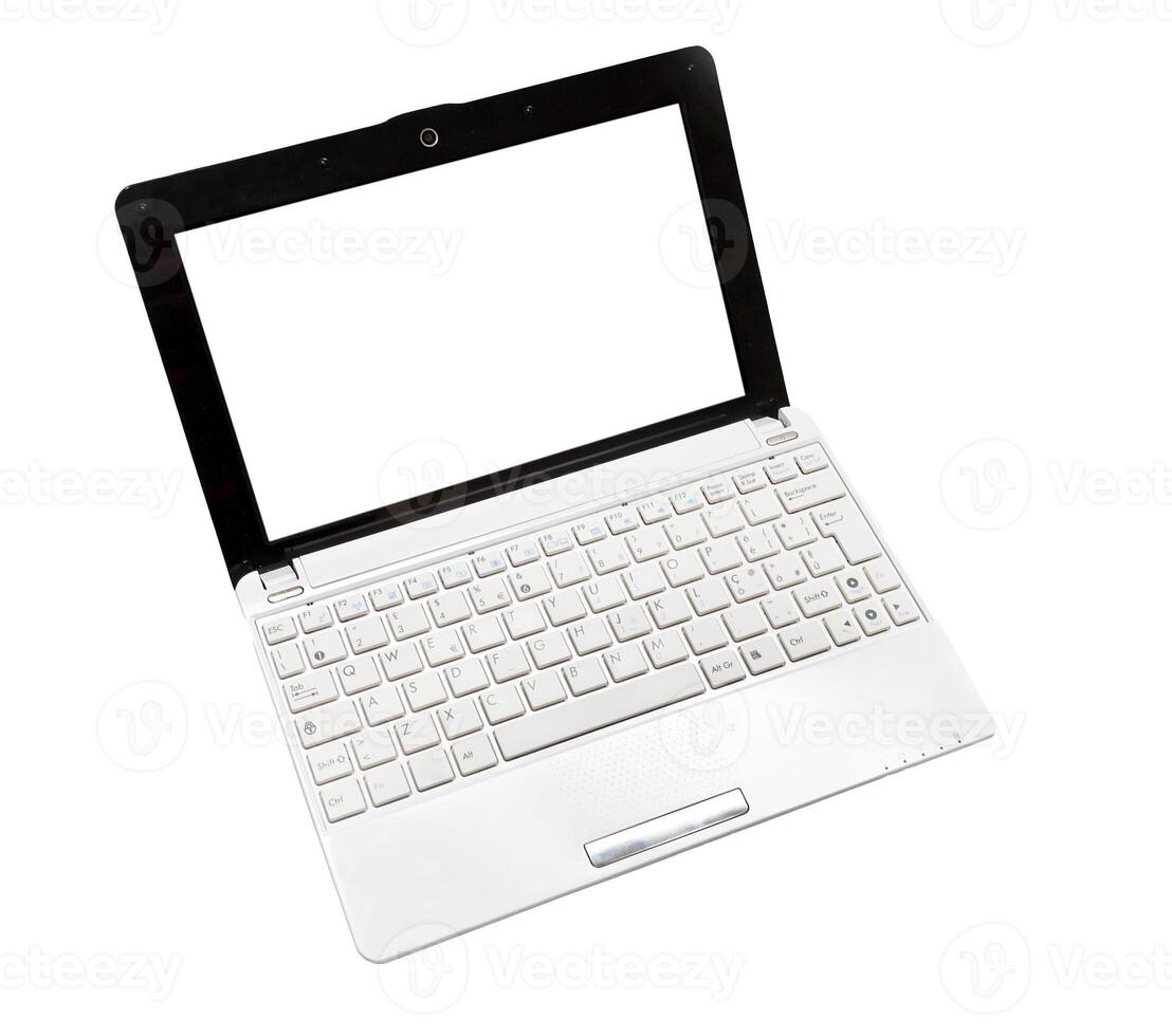 A white laptop computer with a blank screen photo