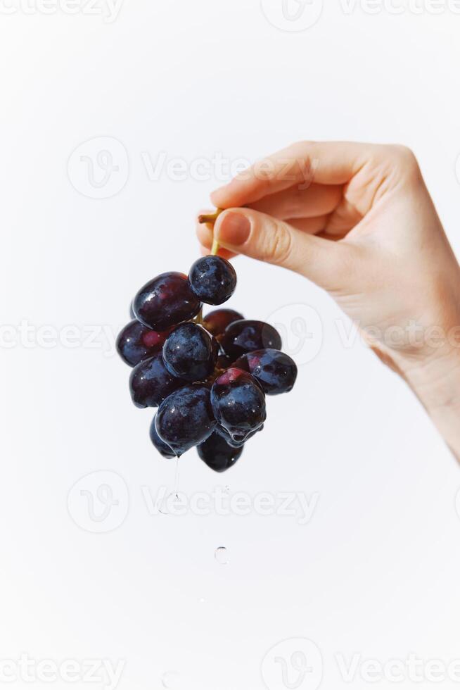 Woman holding a bunch of grapes on a white background. close-up of hand with fruit. fresh and photo