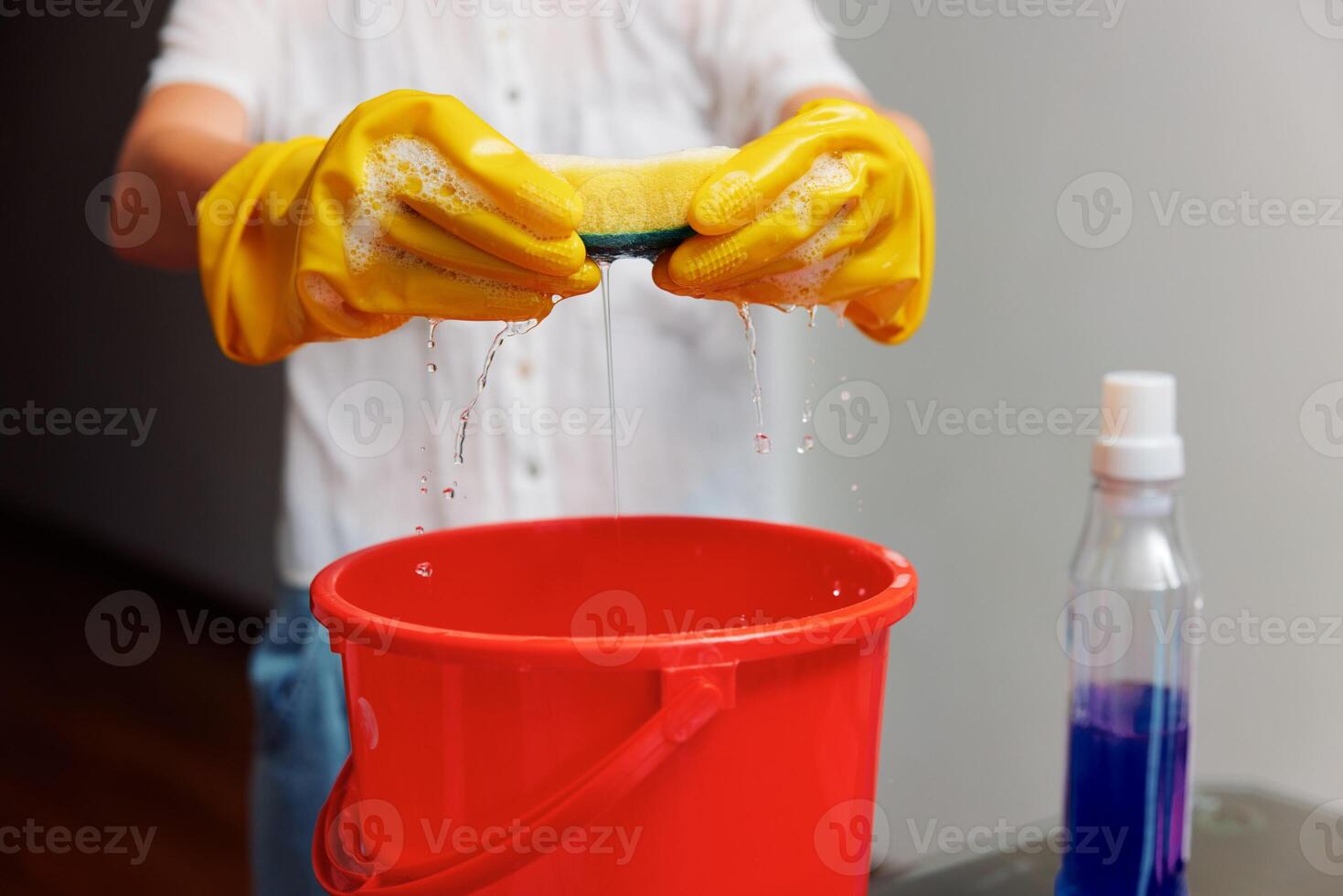 Two women wearing yellow rubber gloves holding sponges over red buckets filled with cleaning photo