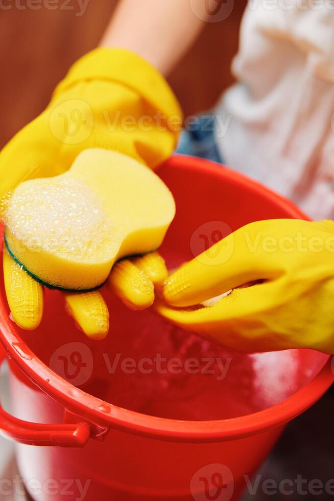 Woman in yellow rubber gloves holding a sponge in a red bucket with a yellow sponge in the center. photo