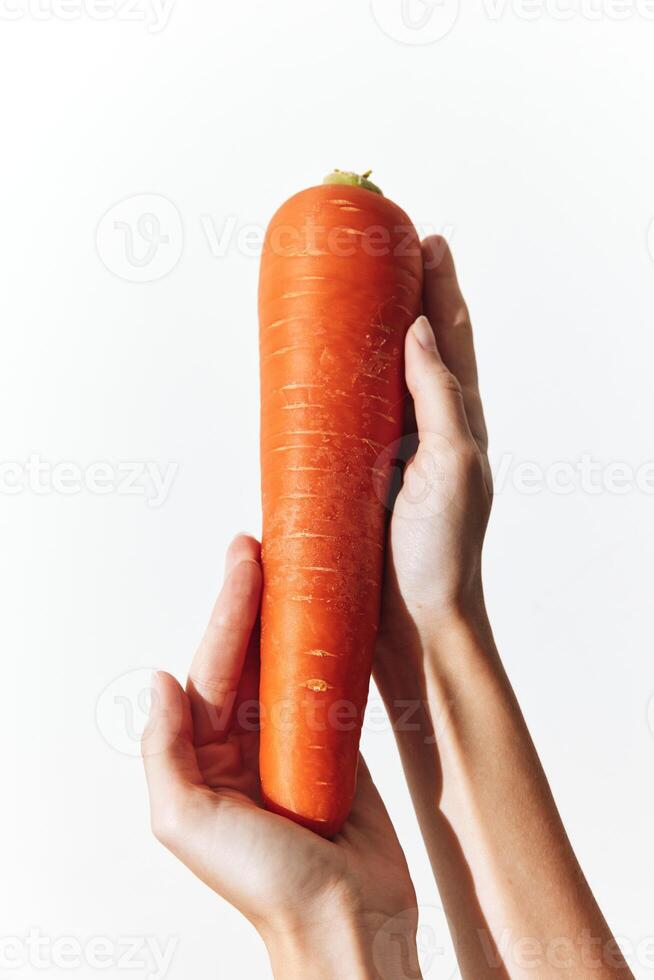 Person holding a carrot on white background, one hand at the middle and the other at the end. photo