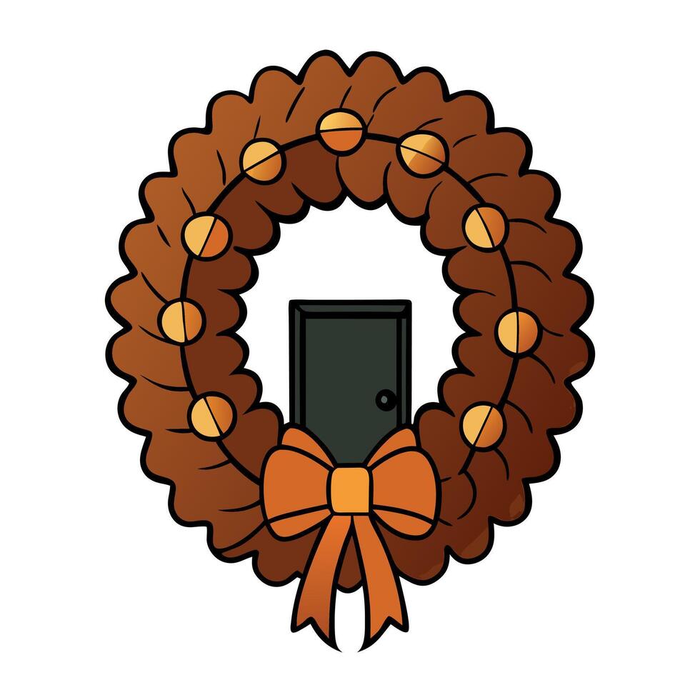 Fall autumn wreath with brown bow hanging on dark front door vector