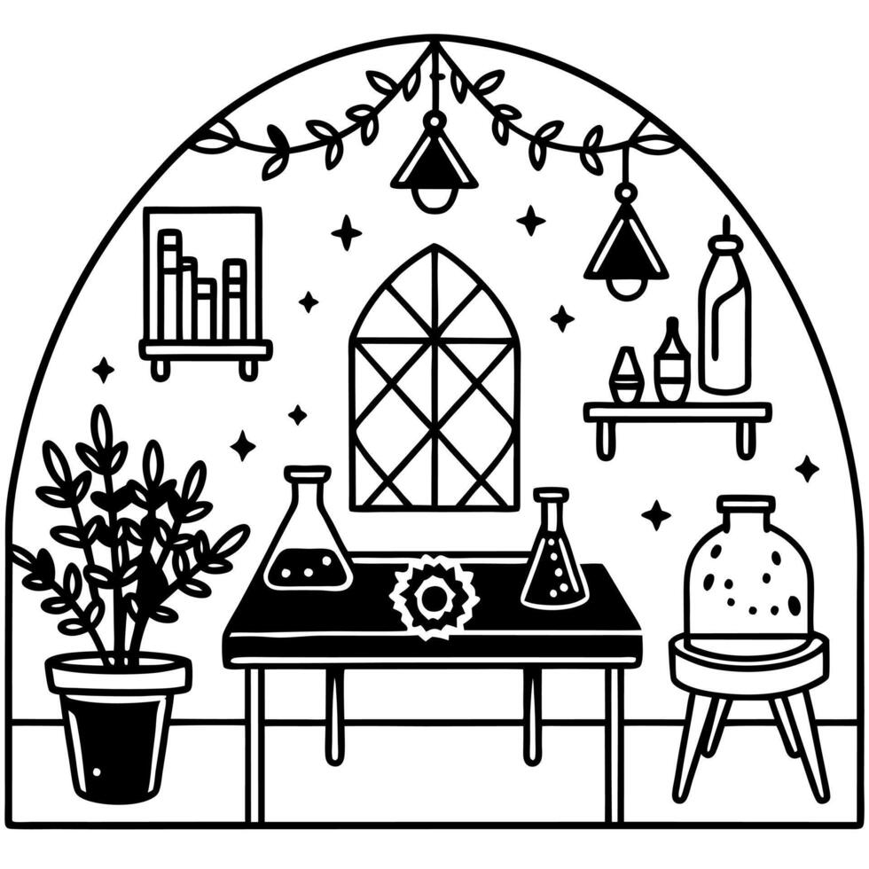 Green witch aesthetic room photography. Plants and vials on a desk. Dark witchy interior. Green academia and cottagecore aesthetic background. vector