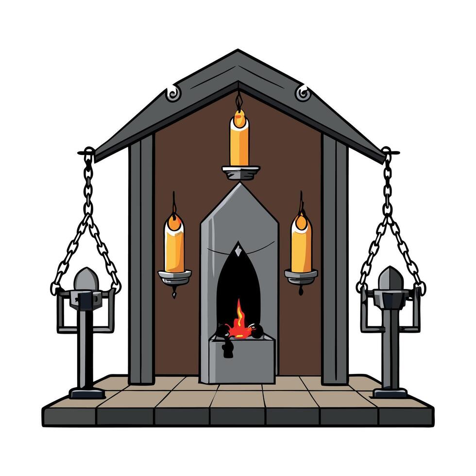 Indoor of a terrifying Transylvanian vampire dungeon's torture chamber as candlesticks illuminate the chained tools of torture. 3D illustration and Halloween theme and horror background. vector
