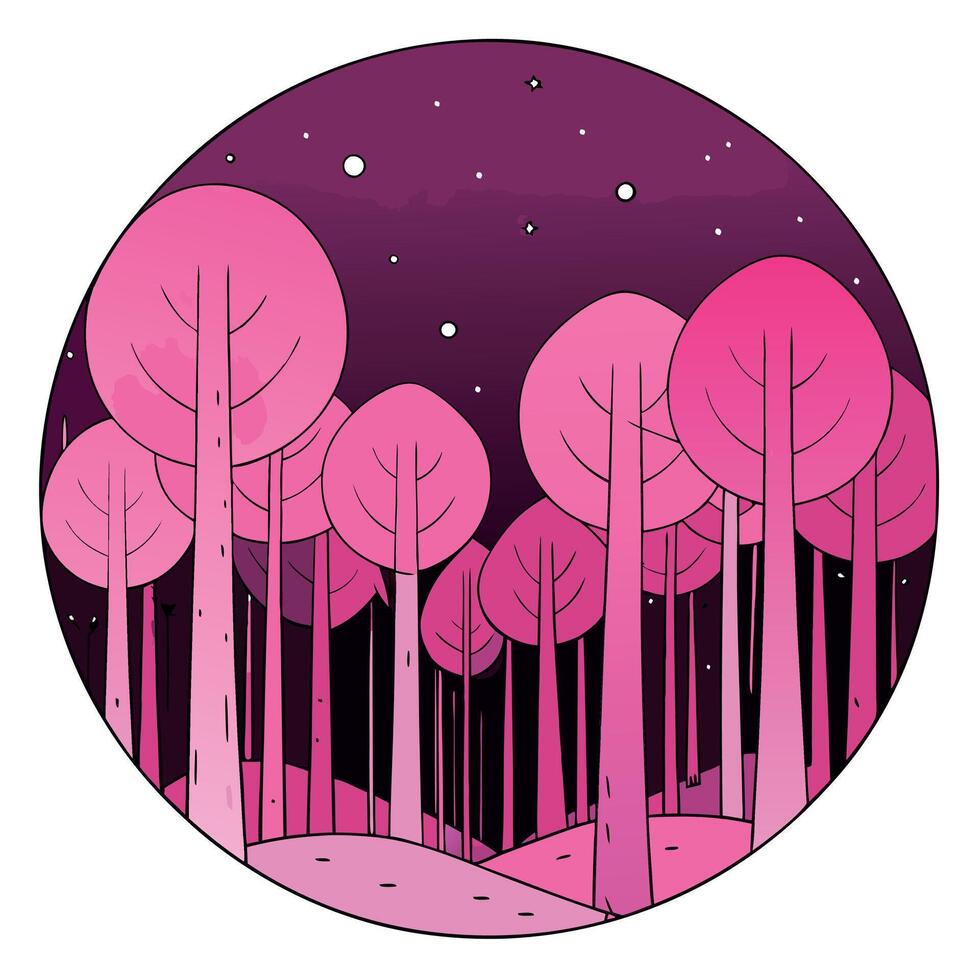 Fantasy pink forest with tall trees in full moon night. superlative image. vector