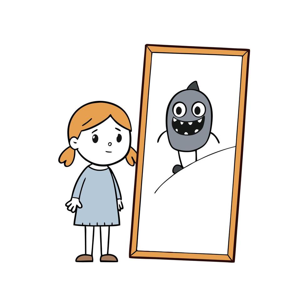 Little Girl Sees Scary Monster in the Mirror. Concept Art. . vector