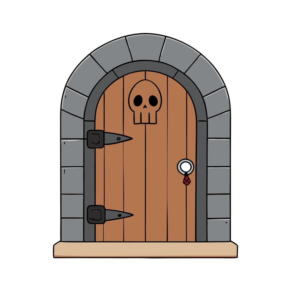 Mystical medieval room with wooden door skull and stone wall Perfect for Halloween Space for text with copyspace for text vector