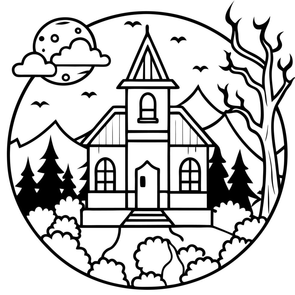 Digital art of a haunted house in a foggy forest at Halloween. vector