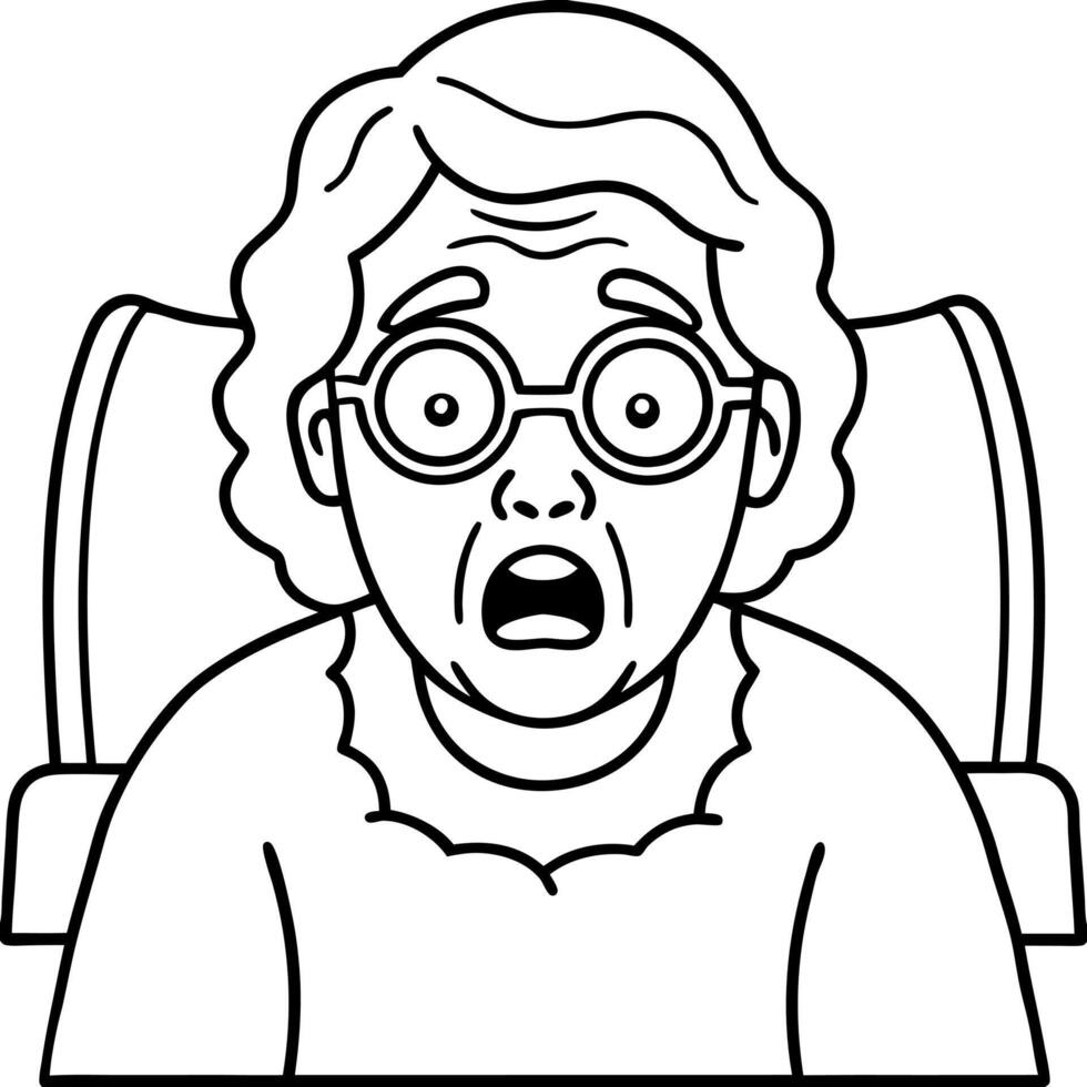 Retired woman Watching a horror movie at night. She is very scared of this vector