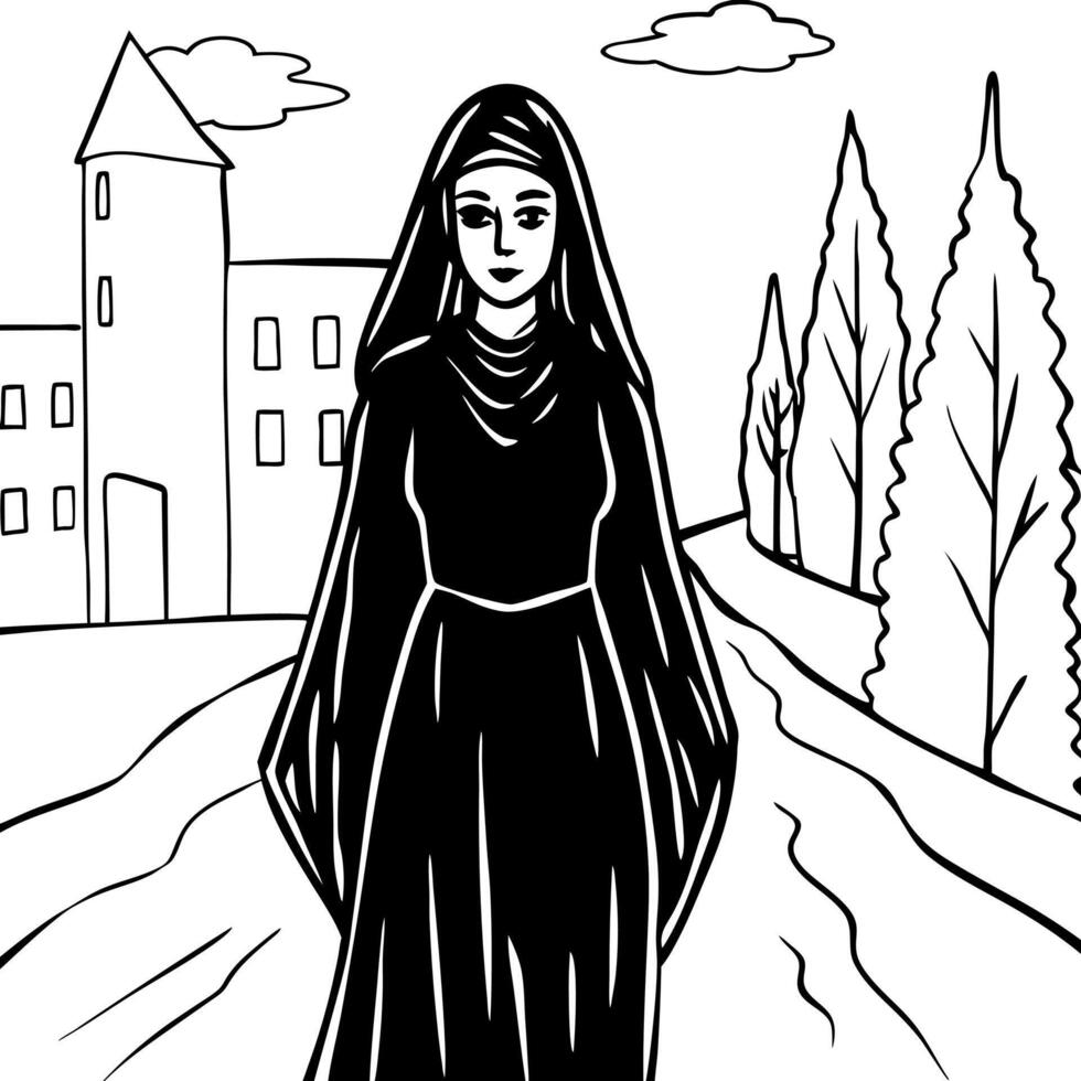 Mysterious woman with black veil walking in abandoned city with a terrifying atmosphere. Halloween concept. vector