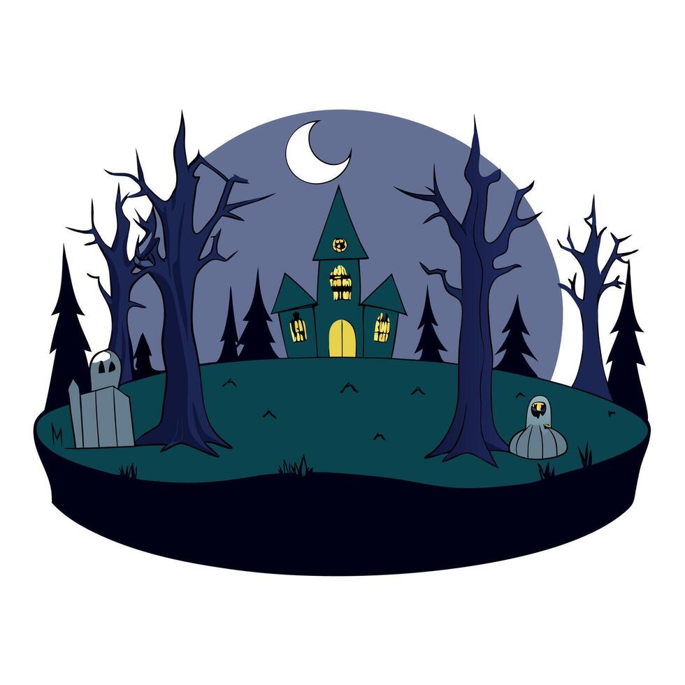 Realistic haunted forest creepy landscape at night. Fantasy Halloween forest background. Surreal mysterious atmospheric woods design backdrop. 3D illustration. vector